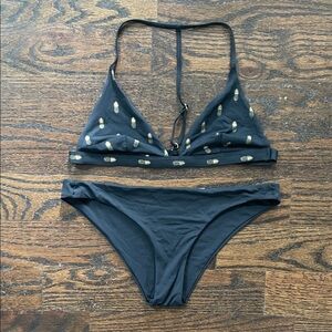 Spiritual Gangster Black & Gold Pineapple Bikini Set (Salute Top, Zen Bottom, M)